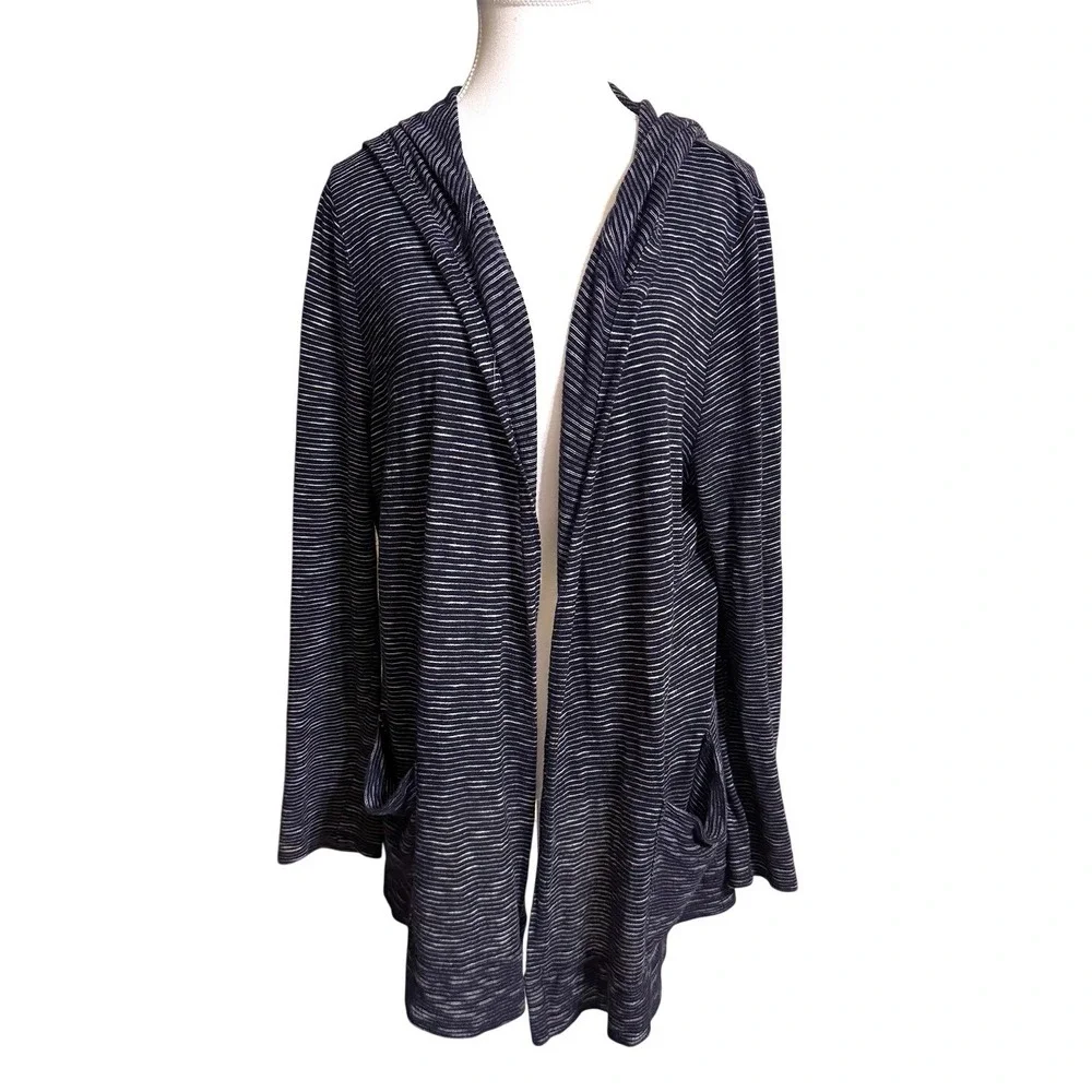 Talbots Hooded Open Front Cardigan Women's L Navy White Stripe 100% Cotton
